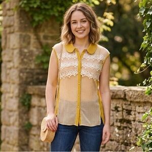 Ryu Yellow and Cream Lace Sleeveless Blouse